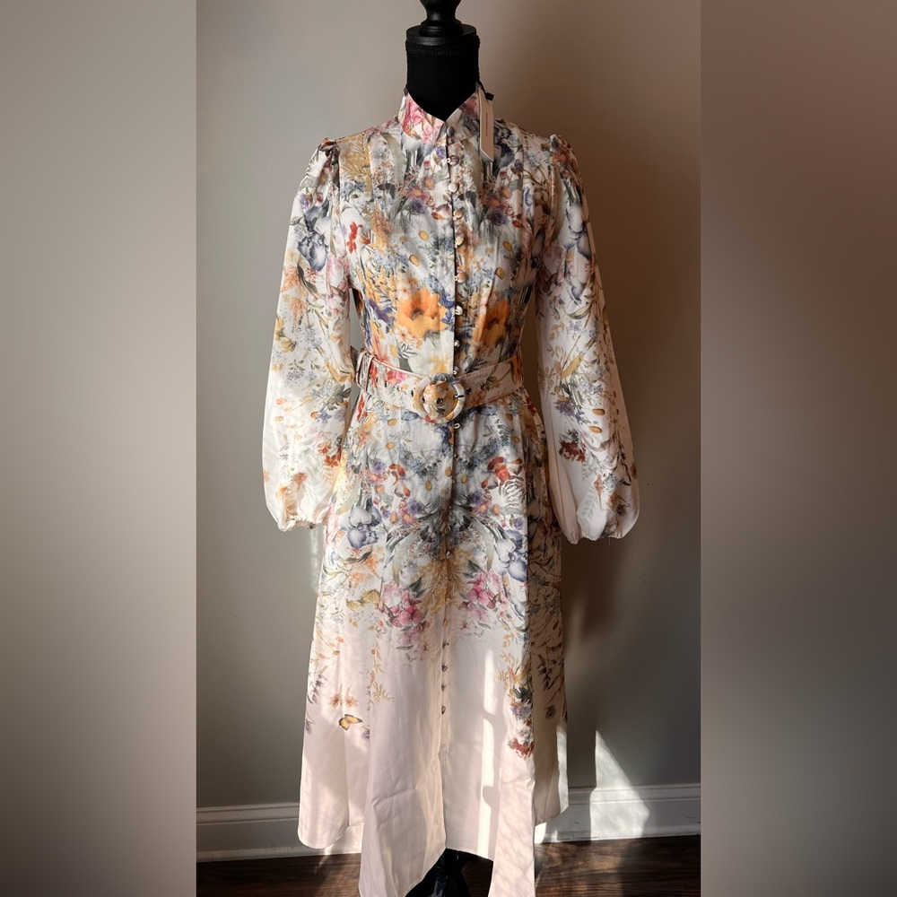 Commense Floral Belted Long Sleeve Midi Dress in Cream, Yellow and Blue - Picture 2 of 8